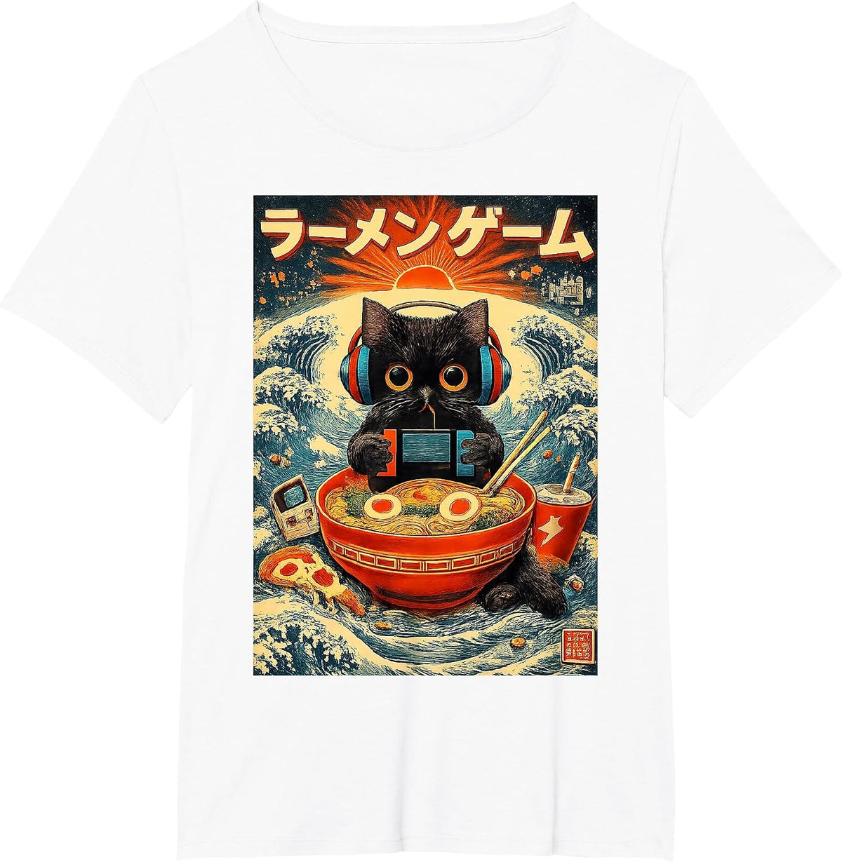 Ramen Gamer Cat Vintage Japanese Art Funny for Men Women Kid T-Shirt - White