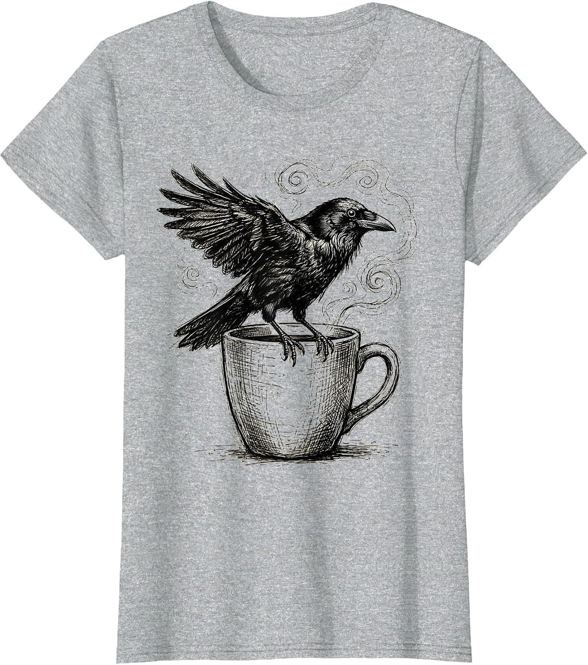Crow Perched on Steaming Coffee Mug Illustration T-Shirt - Heather Grey