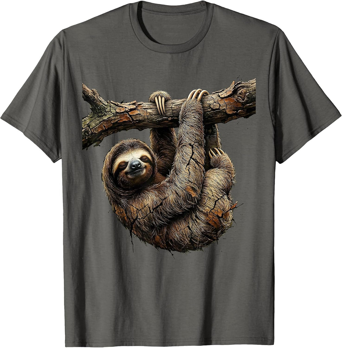 Sleepy Sloth Hanging From Branch Illustration T-Shirt - Asphalt Grey