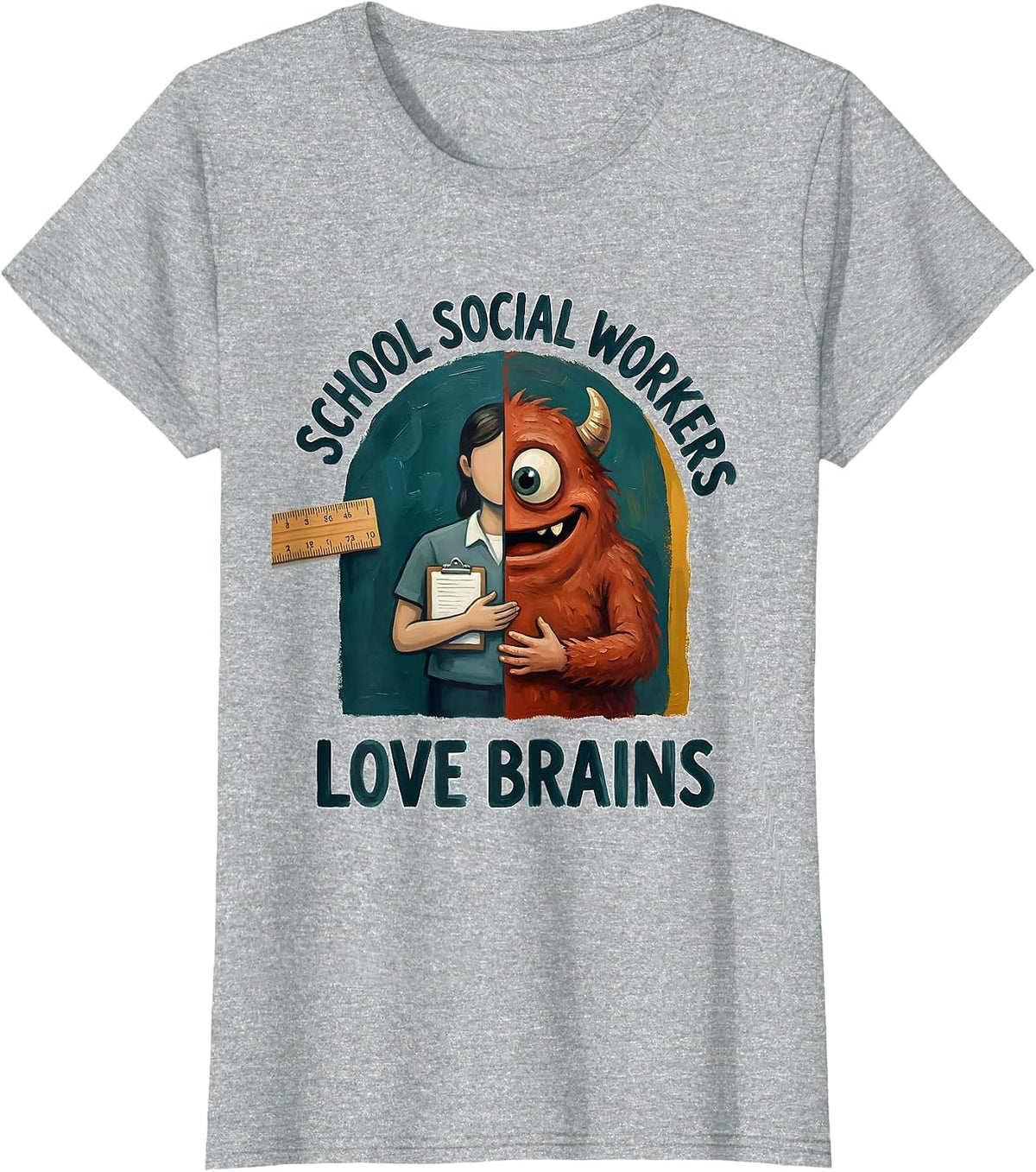 School Social Workers Love Brains Storybook Halloween T-Shirt - Heather Grey