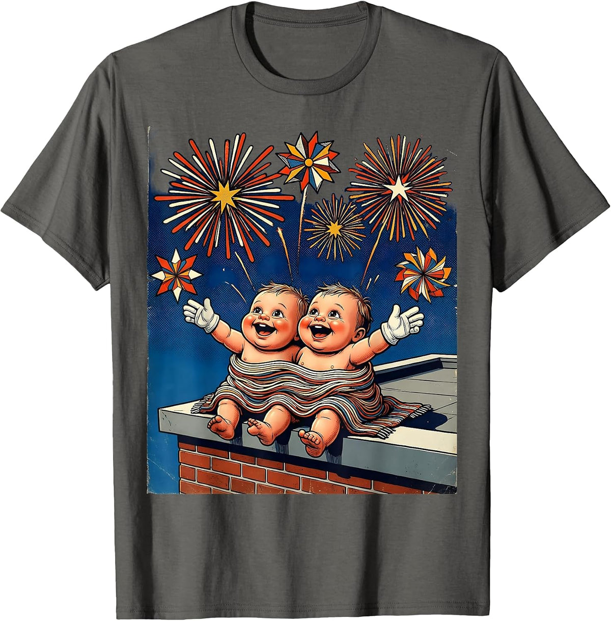 Kids Patriot Day Fireworks Rooftop Night Scene T-Shirt - Asphalt Grey