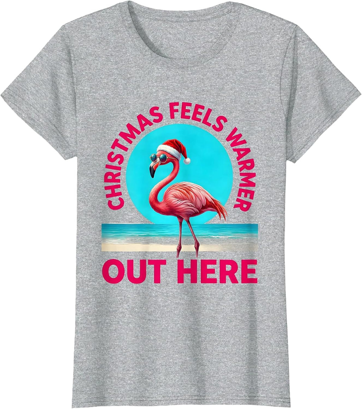 Christmas Feels Warmer Out Here Whimsical Pink Flamingo T-Shirt - Heather Grey
