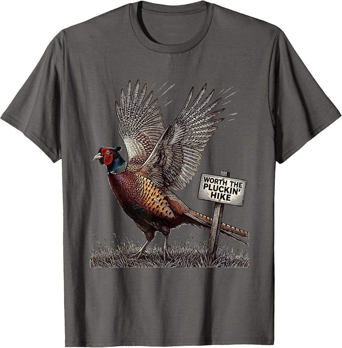 Men's Worth The Pluckin' Hike Crosshatch Etching Pheasant Hunter T-Shirt - Asphalt Grey