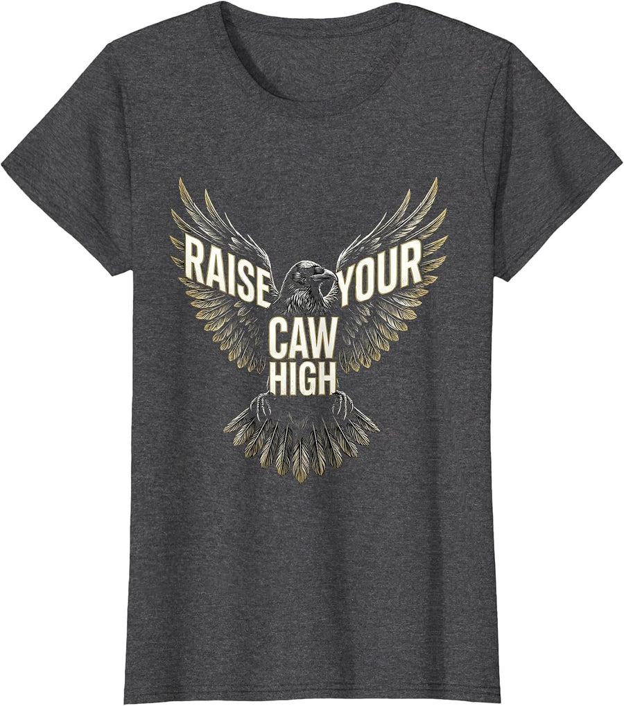 Women's Raise Your Caw High Crow Fan Design T-Shirt - Dark Heather Grey