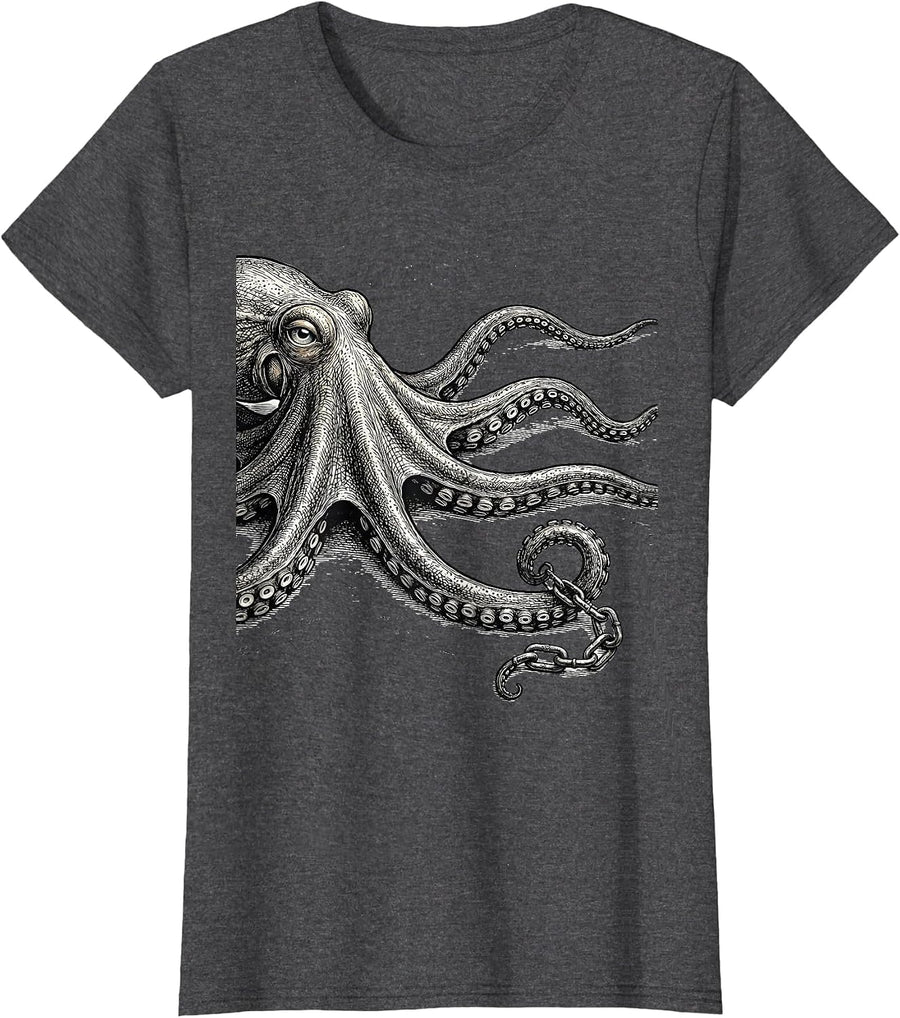 Women's Octopus Gentle Stretch Vintage Japanese Sea Creature Art T-Shirt - Dark Heather Grey
