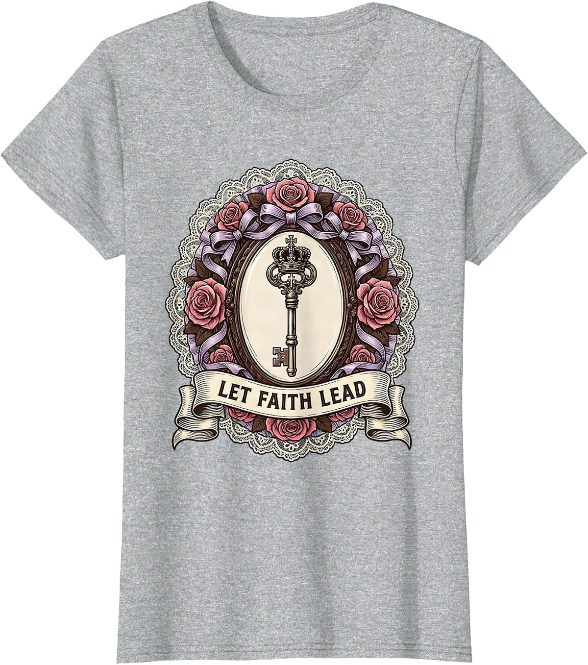 Let Faith Lead Faith Over Fear Inspirational Design T-Shirt - Heather Grey
