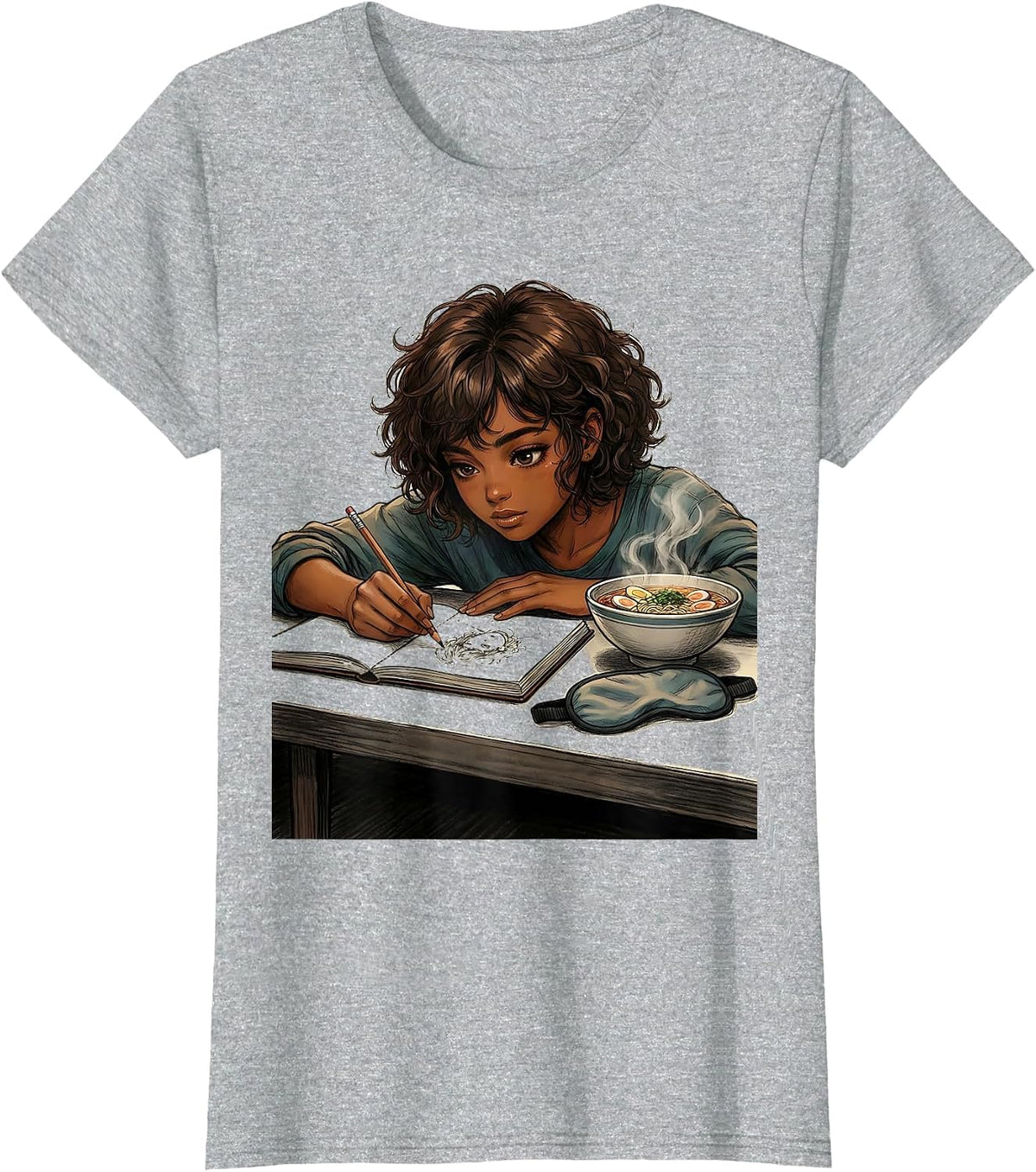 Anime Girl Afro Sketching Ramen Art Lover T-Shirt - Heather Grey