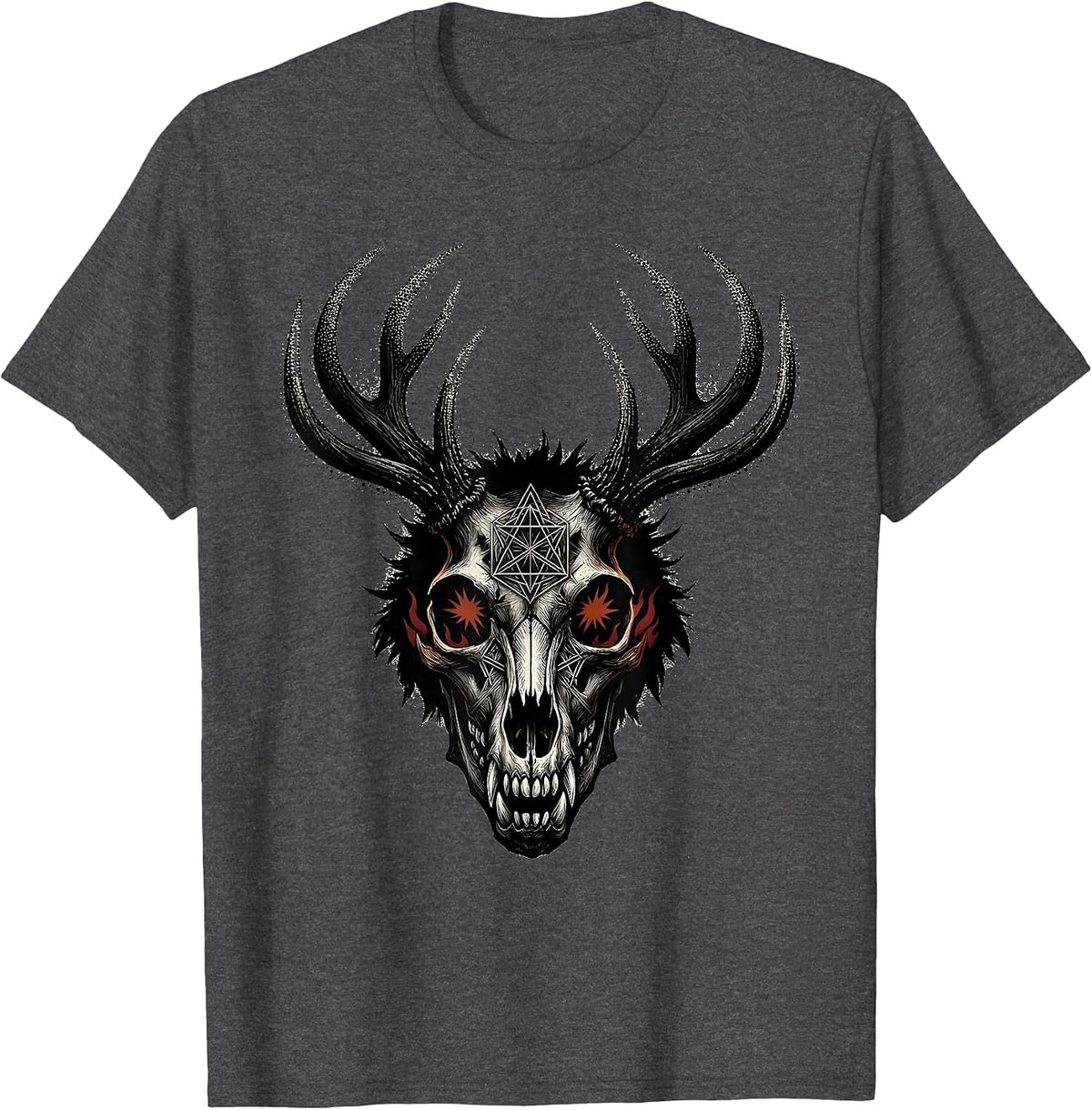 Men's Wolf Skull Antlers Death Metal Burning Eyes Design T-Shirt - Dark Heather Grey