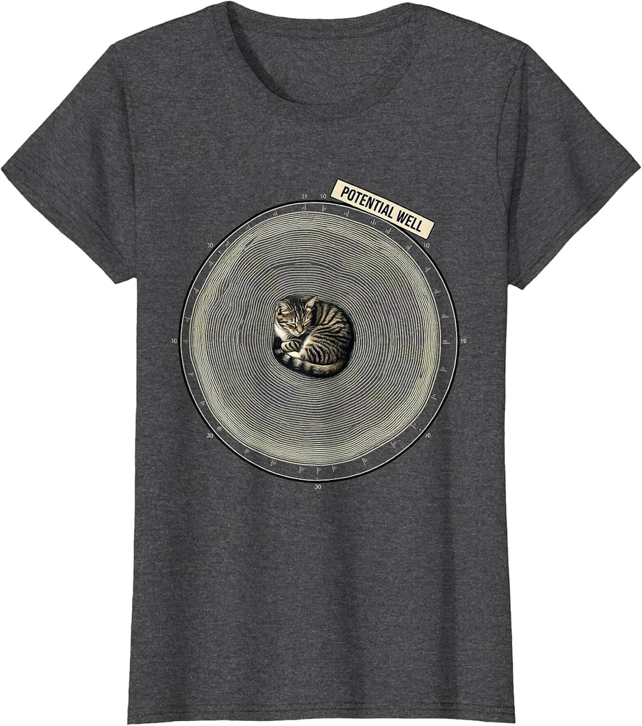 Women's Potential Well Topographic Contour Funny Cat Science Pun T-Shirt - Dark Heather Grey