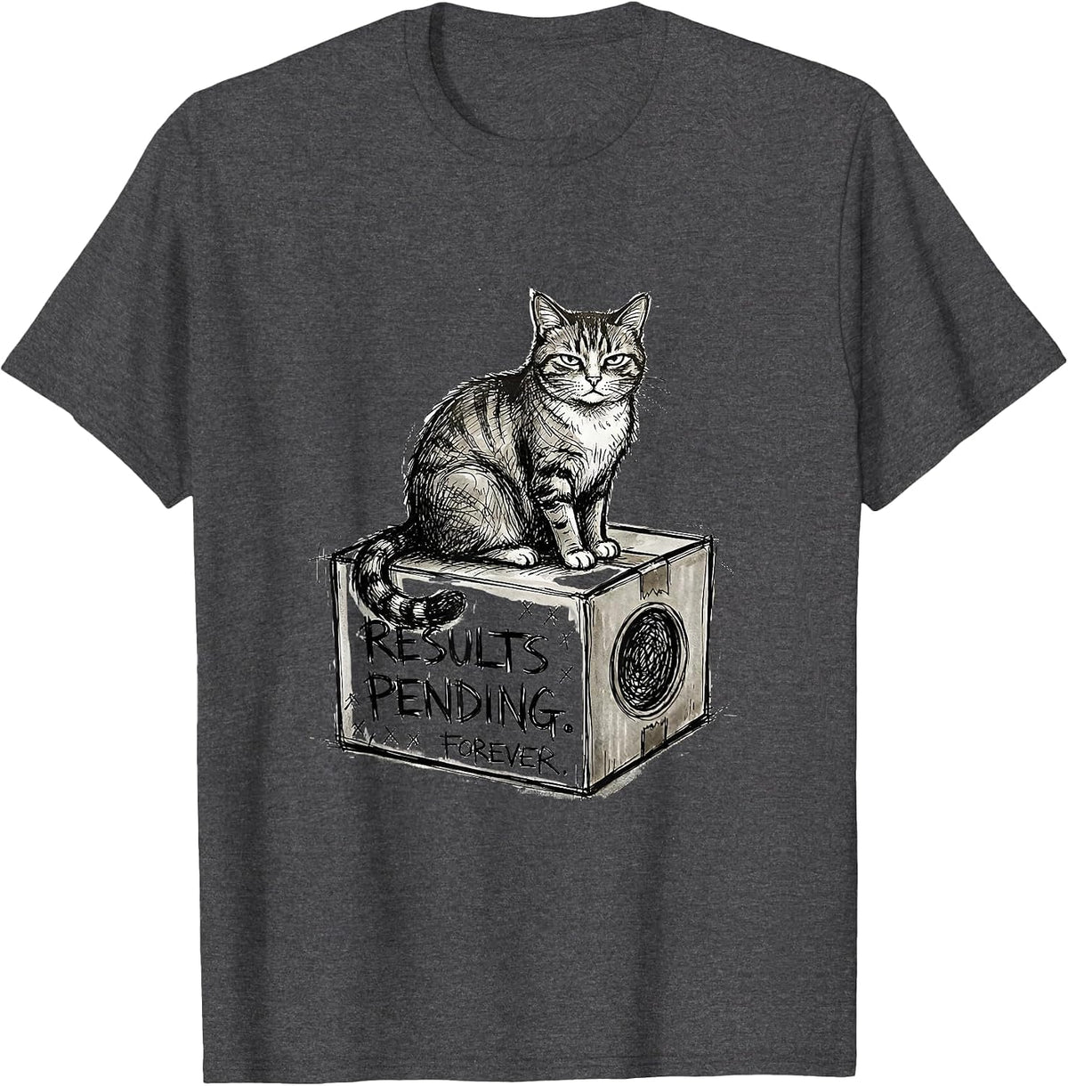 Men's Results Pending Forever Hand-Sketched Quantum Physics Humor T-Shirt - Dark Heather Grey
