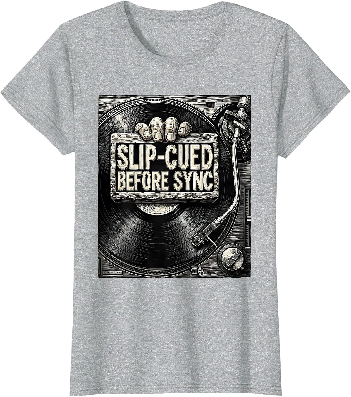 Women's Slip-Cued Before Sync Retro DJ Gift Vintage Electronic Music T-Shirt - Heather Grey