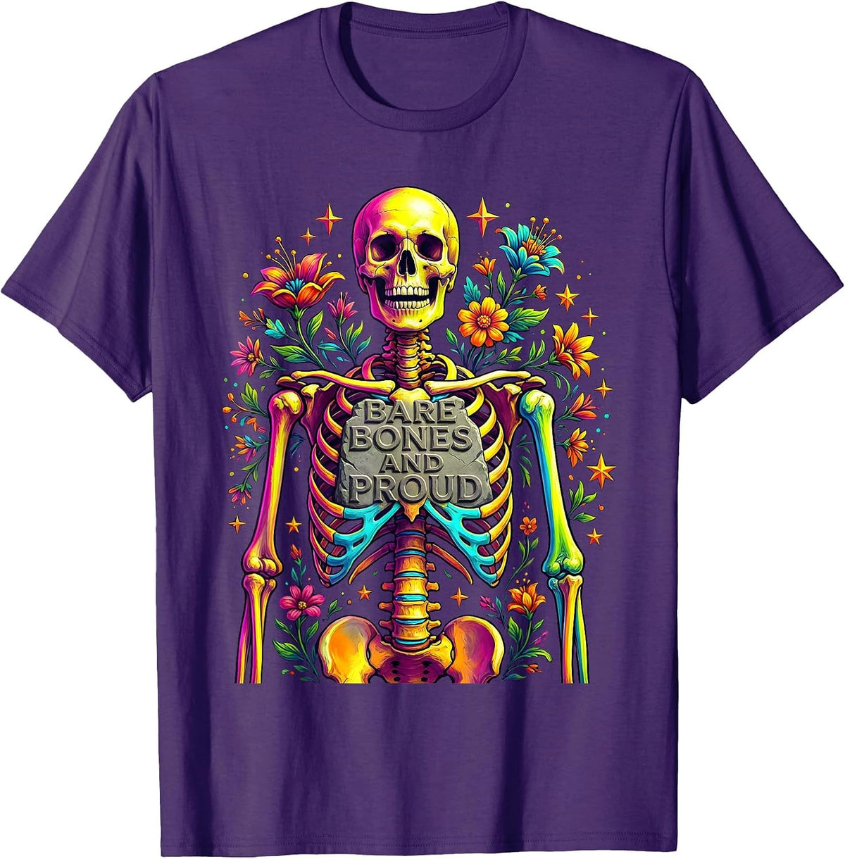 Bare Bones and Proud Skeleton Graphic Design T-Shirt - Purple
