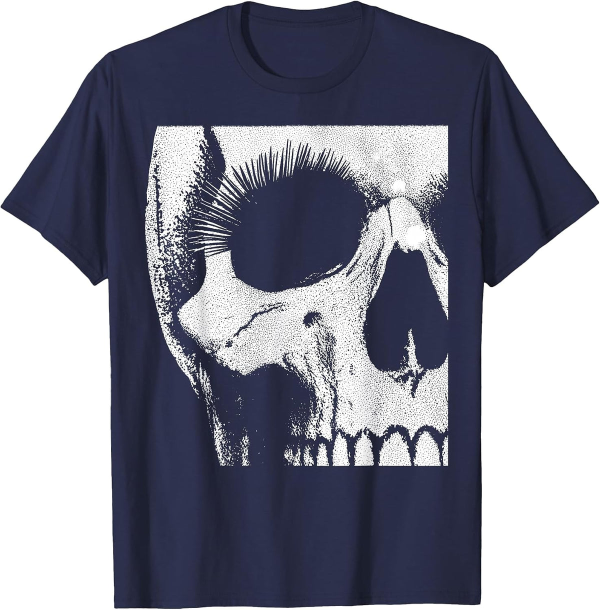 Skull Grunge Black White Art Graphic for Men Women Halloween T-Shirt - Navy Blue