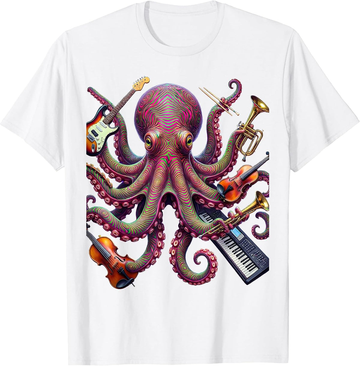 Men's Octopus Multitasking Musician Funny Band Illustration T-Shirt - White