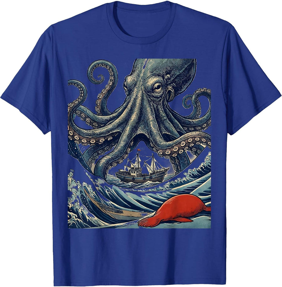 Giant Octopus Fishing Junk Ukiyo-e Vintage Sea Monster Art T-Shirt - Royal Blue