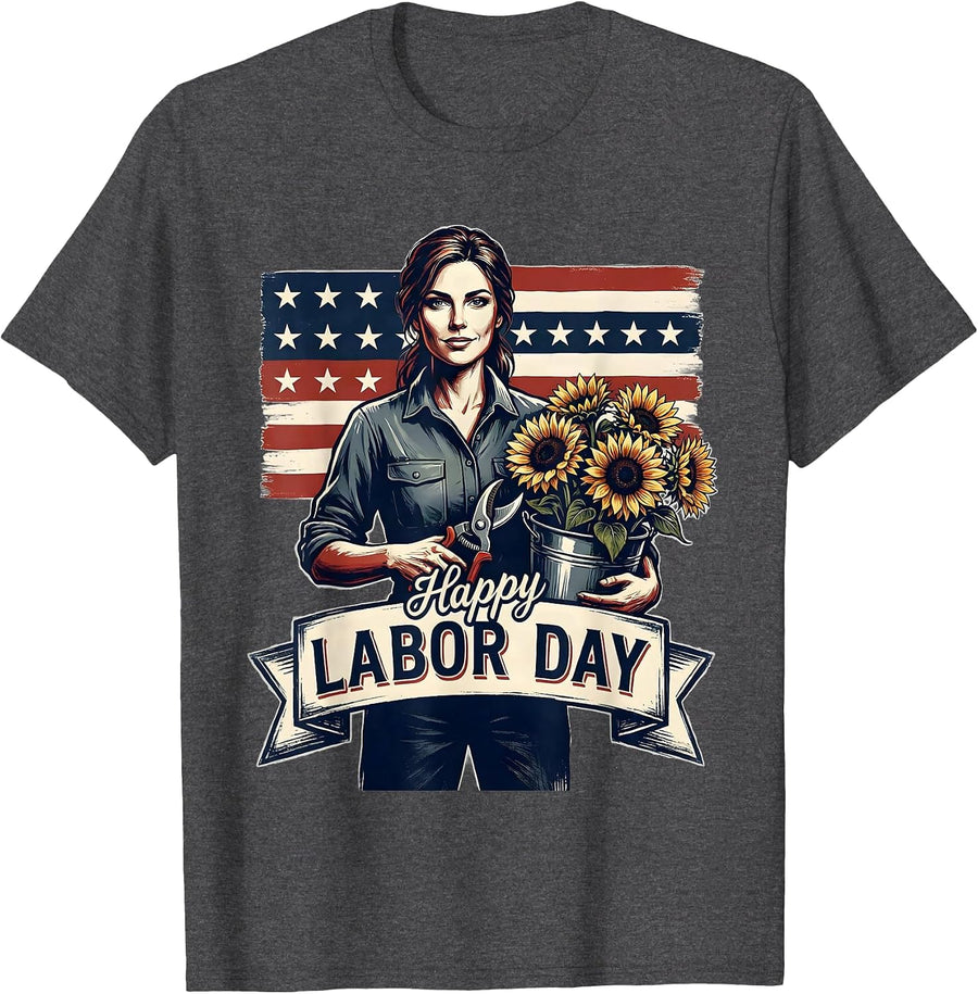 Men's Happy Labor Day Vintage Patriotic Woman Florist Gift T-Shirt - Dark Heather Grey