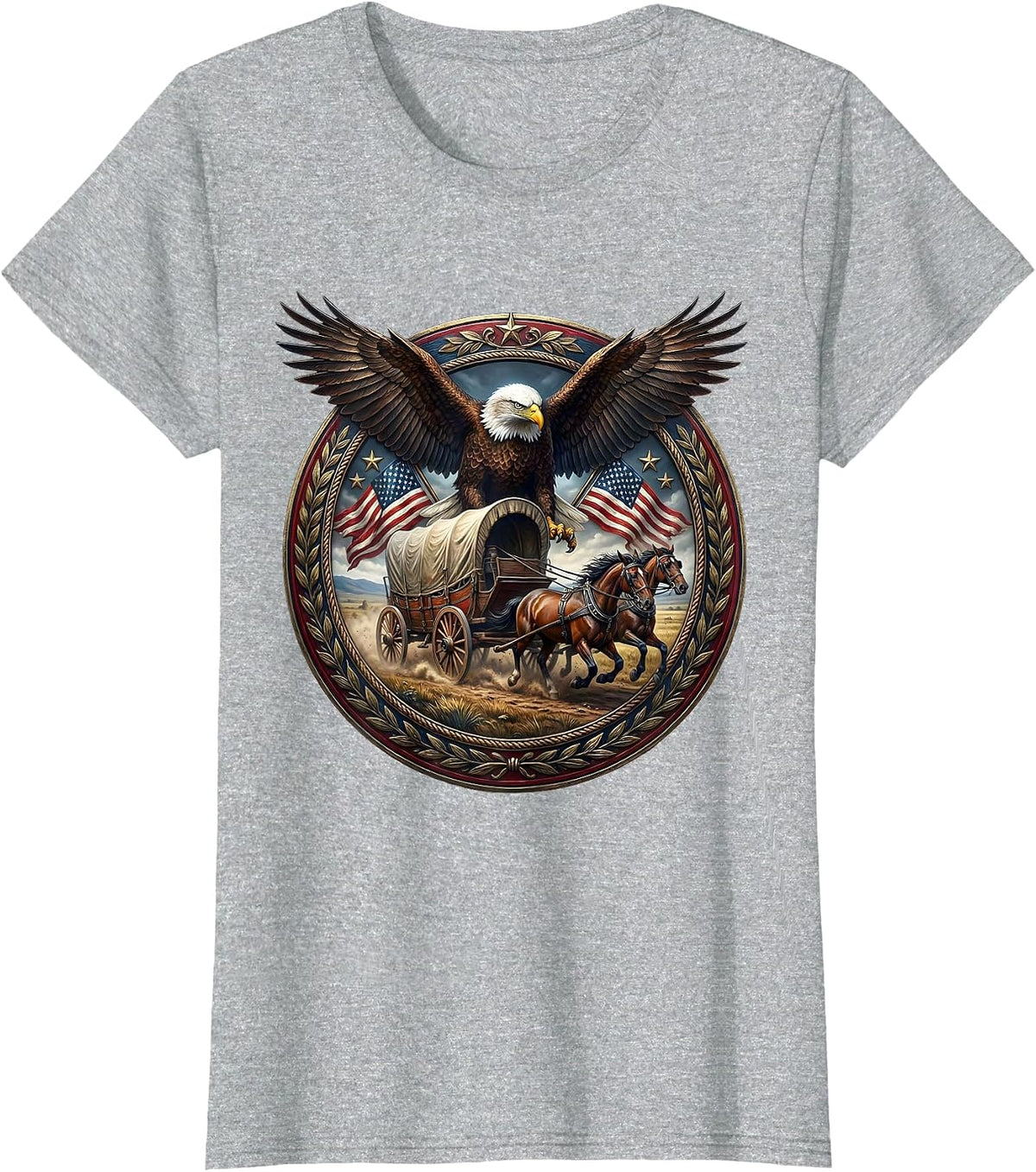 Covered Wagon Frontier Plains Patriotic Design T-Shirt - Heather Grey