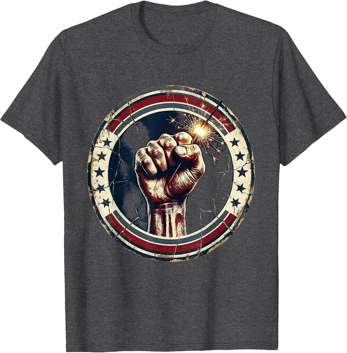 Raised Fist Sparkler Firework Patriotic Design T-Shirt - Dark Heather Grey