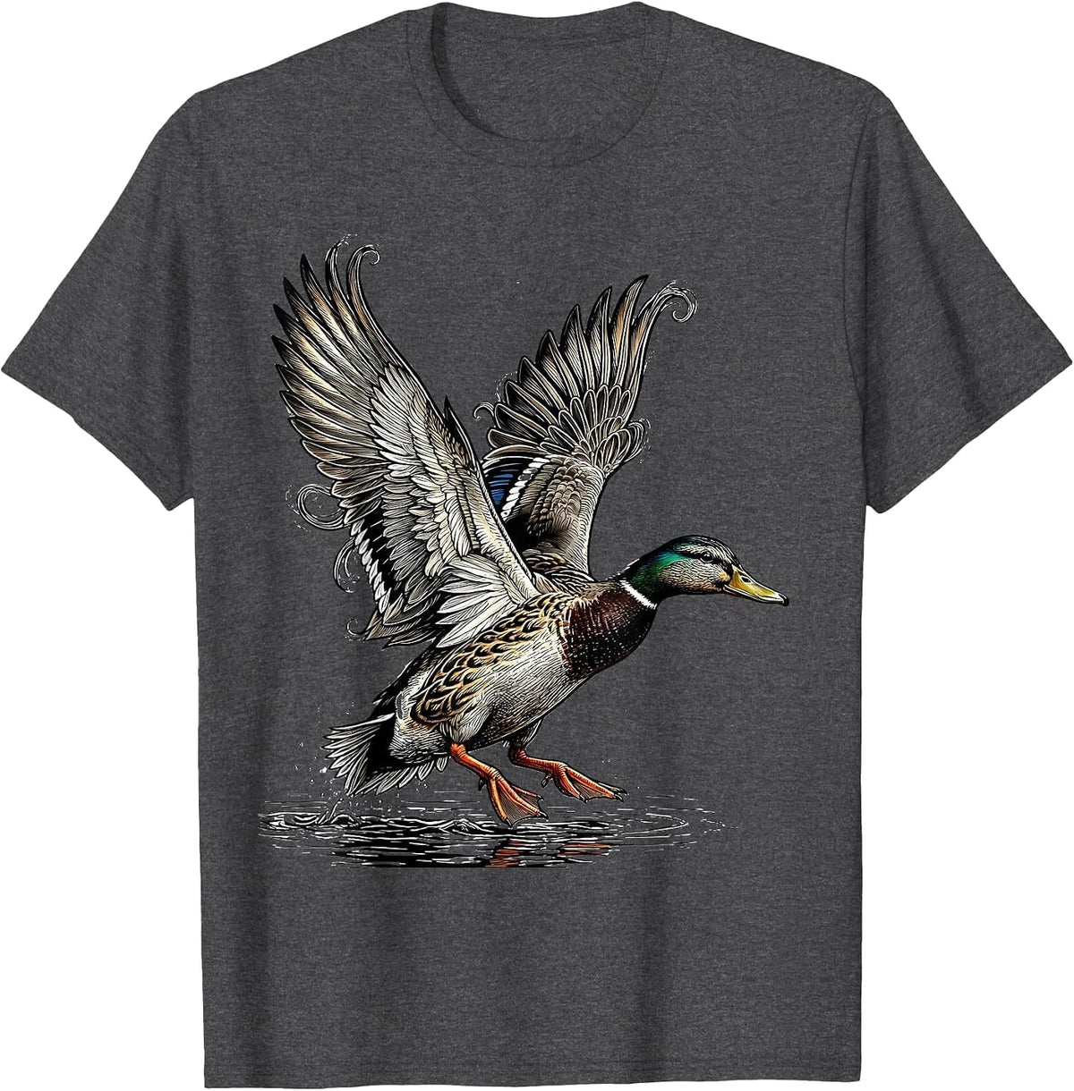 Men's Wild Duck Landing Wings Spread Nature Art T-Shirt - Dark Heather Grey