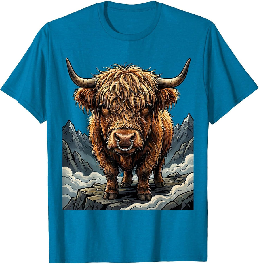 Highland Cow Misty Mountain Illustration T-Shirt - Sapphire Blue