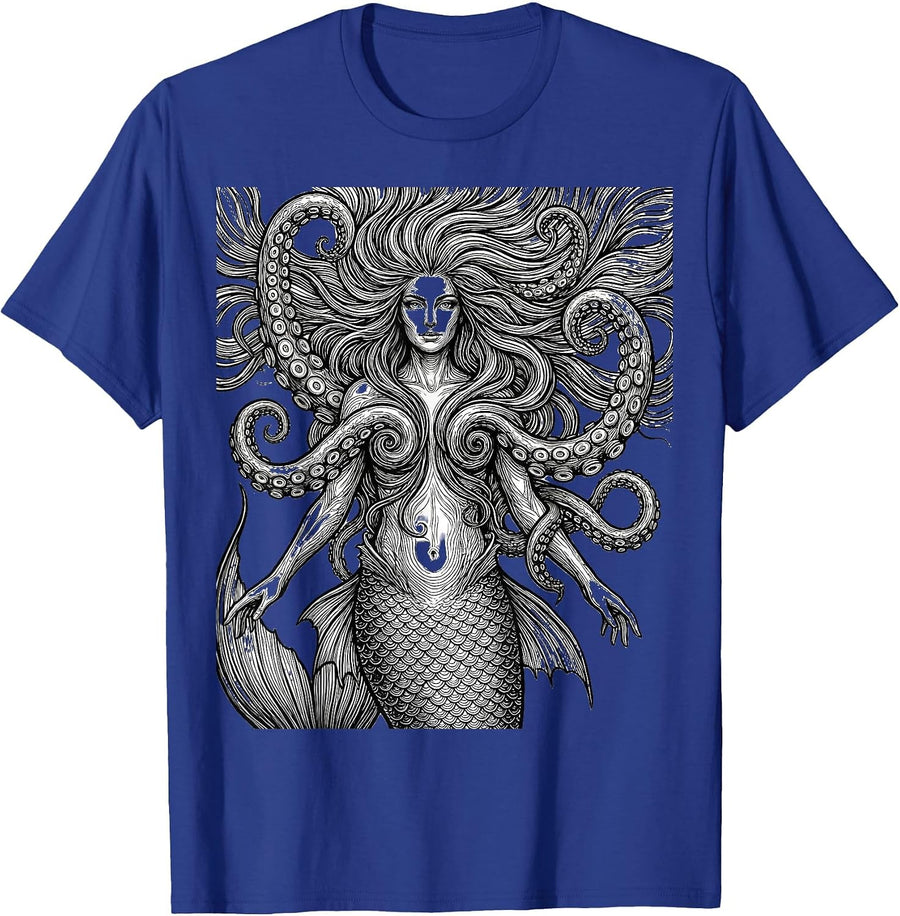 Mermaid with Octopus Tentacle Hair Art Design T-Shirt - Royal Blue