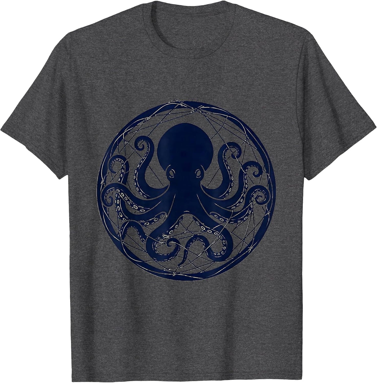 Men's Octopus Deep Sea Fishing Line Graphic Tee T-Shirt - Dark Heather Grey