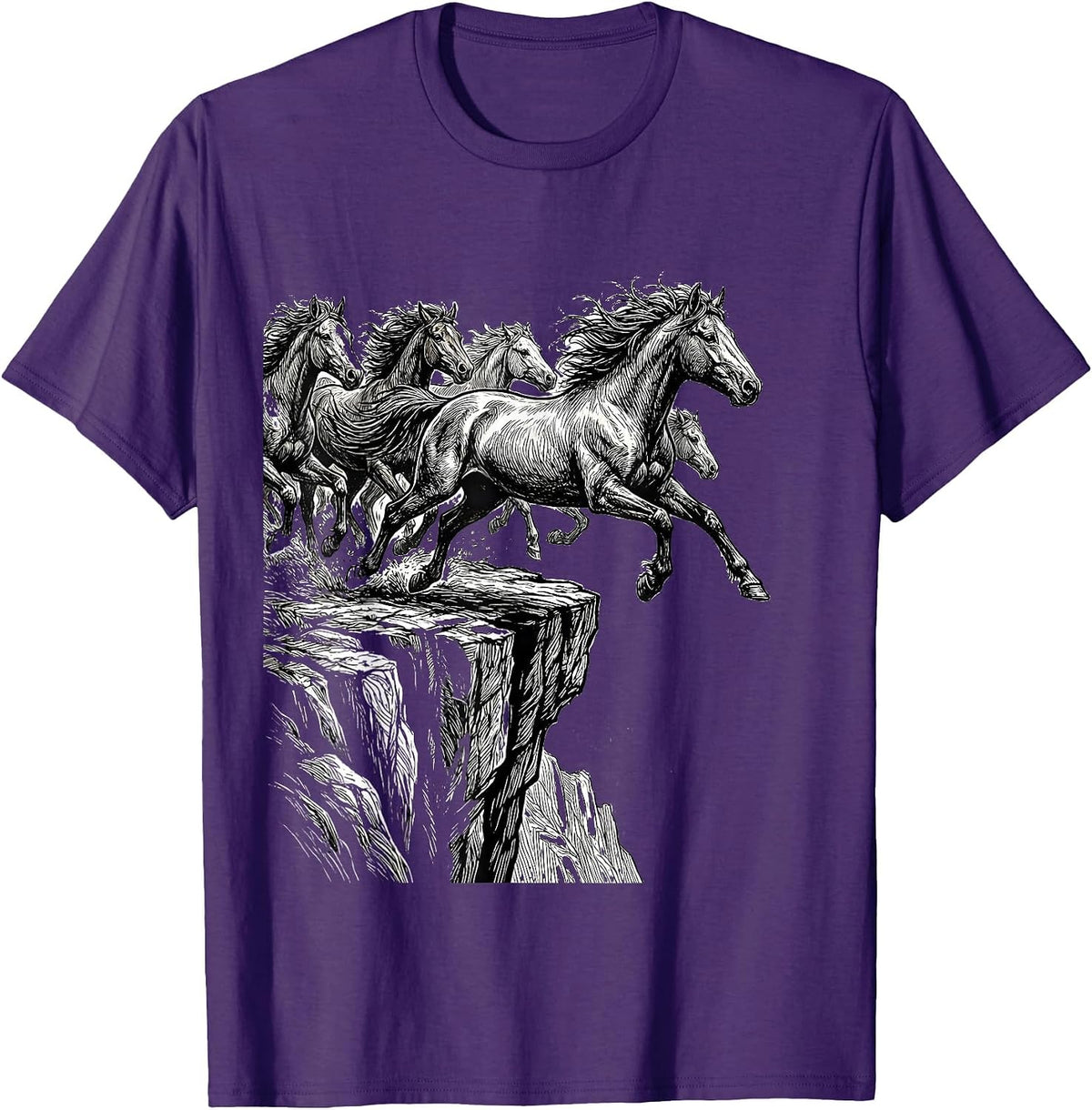 Wild Horses Running Off Cliff Edge Graphic T-Shirt - Purple