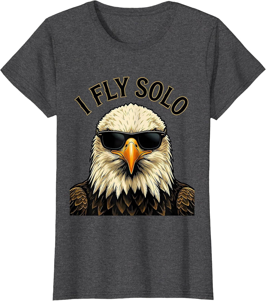 Women's I Fly Solo Funny Bald Eagle Sunglasses Mascot Humor T-Shirt - Dark Heather Grey
