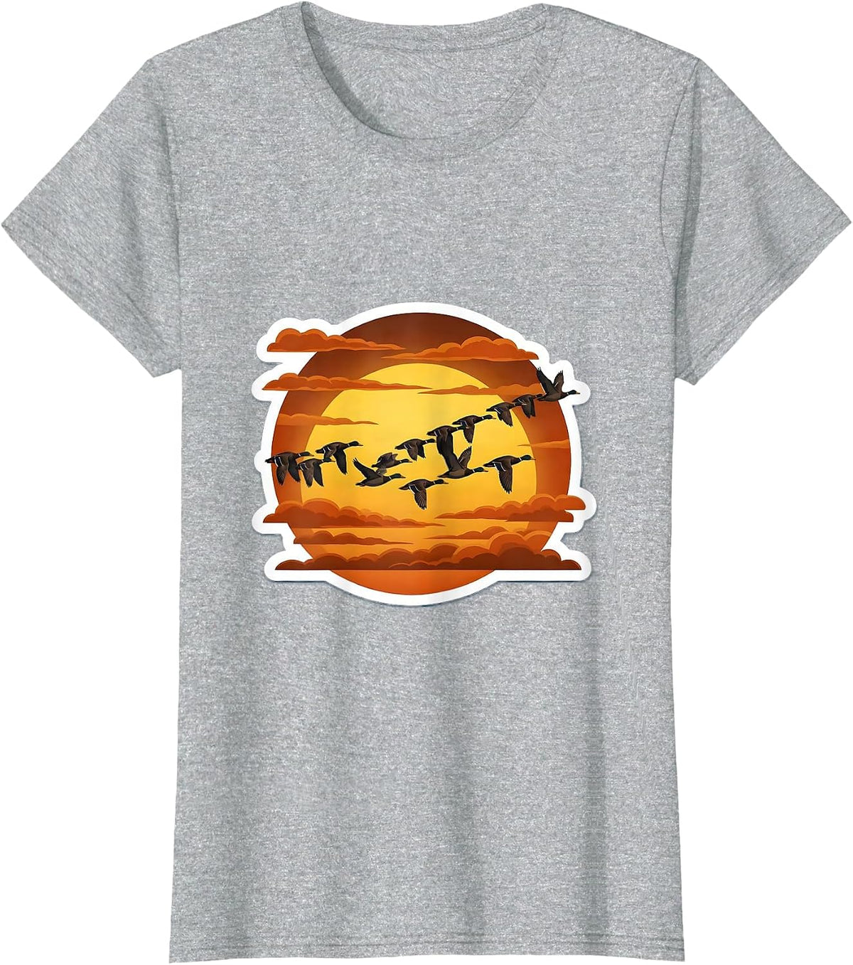Ducks Flying in V-Formation Sunset Illustration T-Shirt - Heather Grey