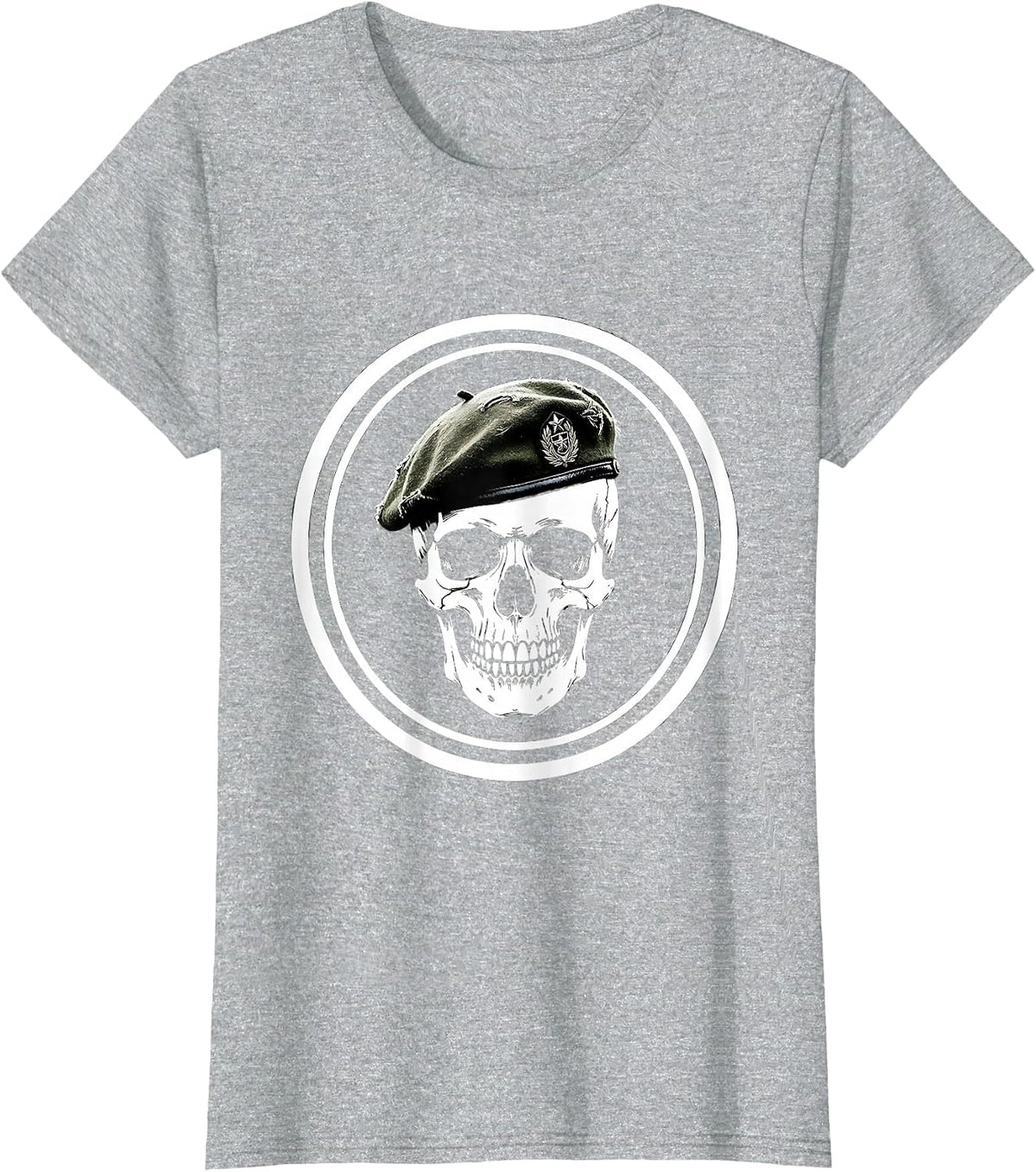 Skull Military Beret Veteran Graphic Design T-Shirt - Heather Grey