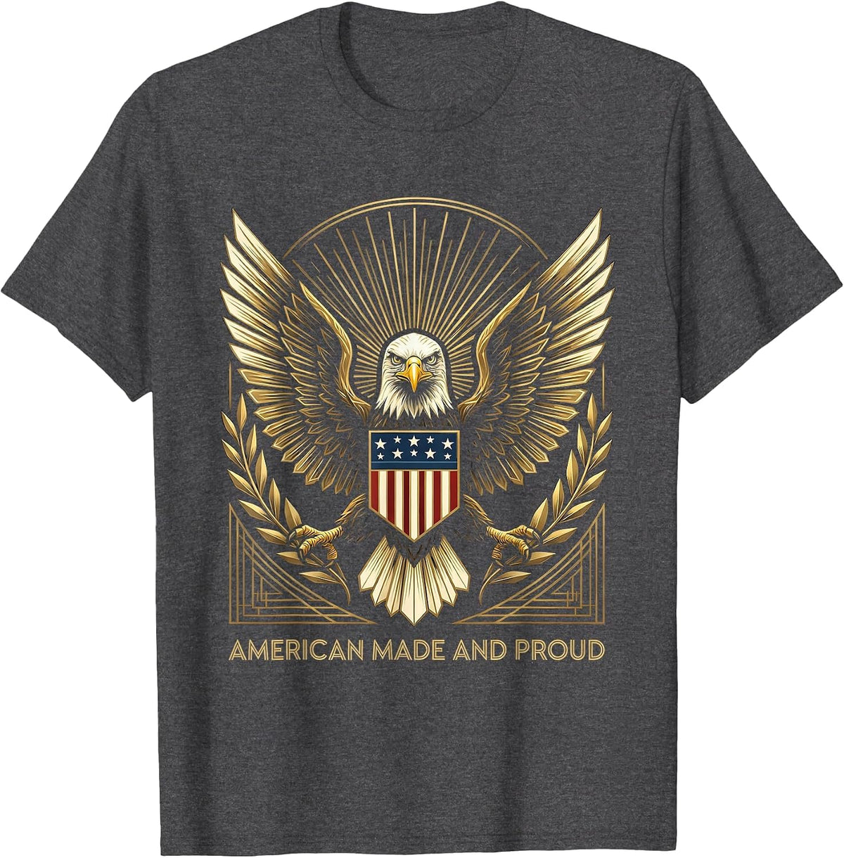 American Made and Proud USA Flag Patriotic Design T-Shirt - Dark Heather Grey