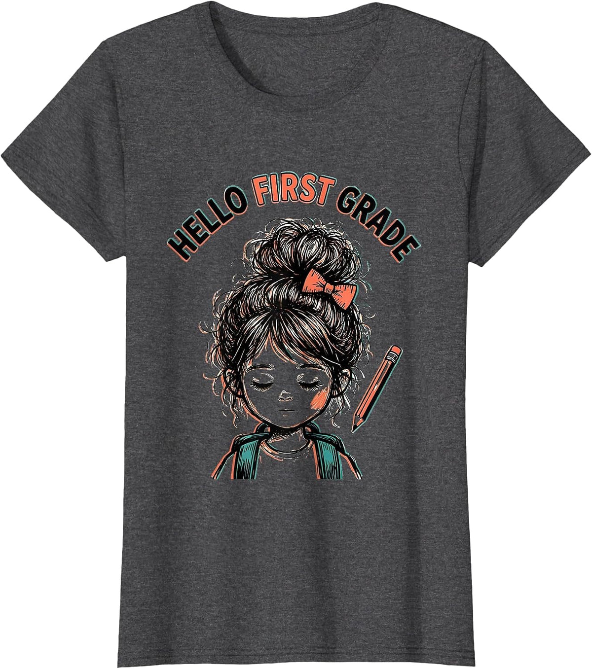 Women's Hello First Grade Back To School Messy Bun Girl Humor T-Shirt - Dark Heather Grey