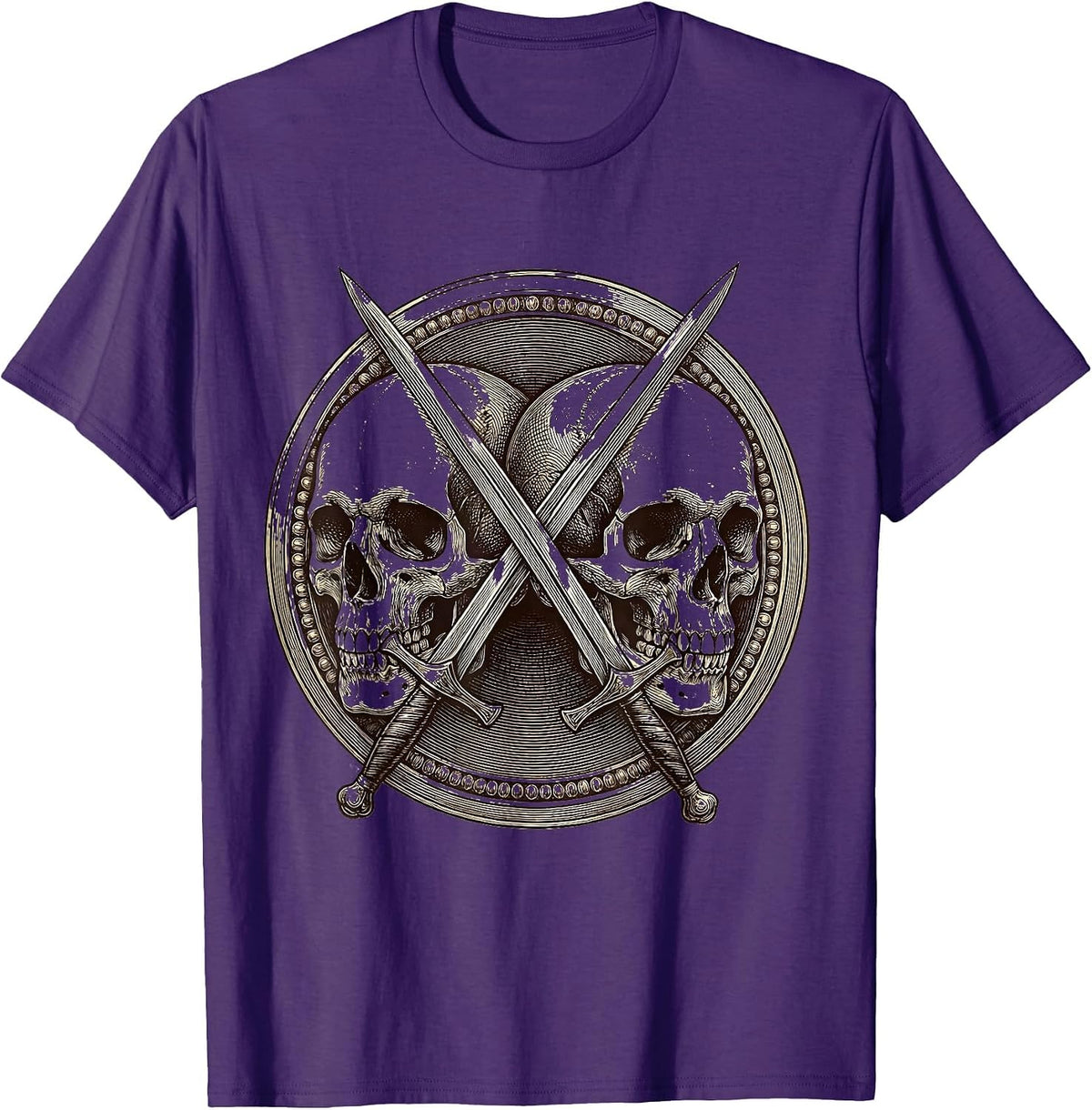 Twin Skulls Crossed Swords Dark Gothic Design T-Shirt - Purple