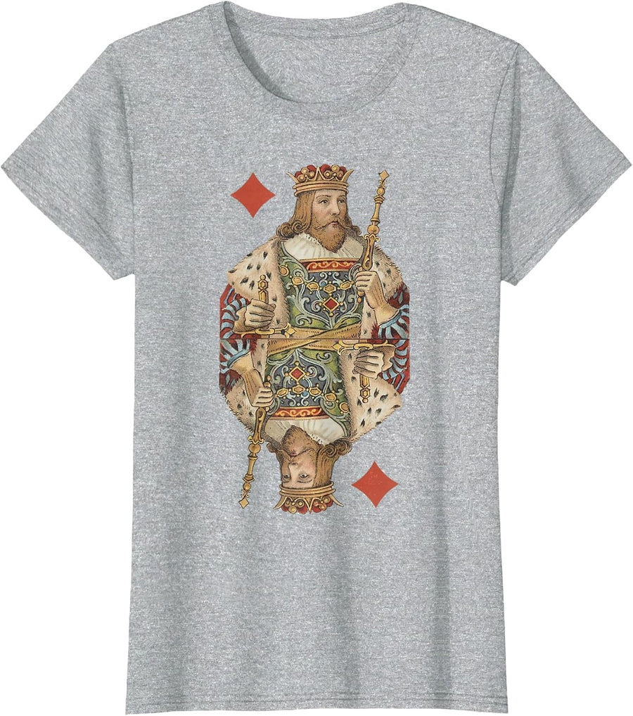 King of Diamonds Antique Art Nouveau Playing Card Art T-Shirt, Women, Heather Grey, X-Large - As Pictured