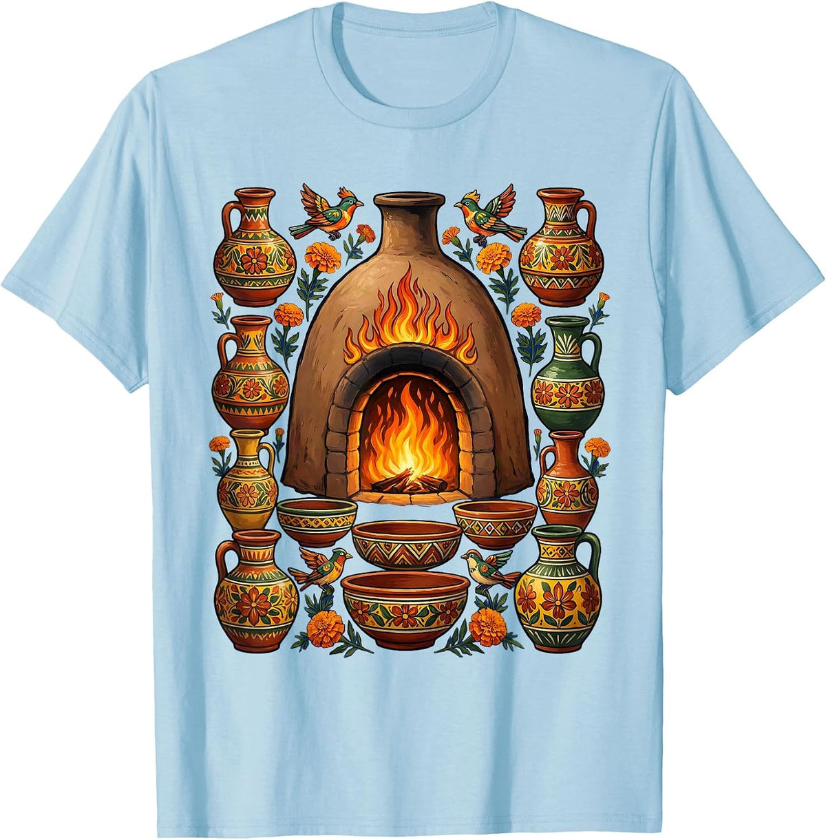 Mexican Pottery Kiln Clay Vessels Graphic T-Shirt - Baby Blue