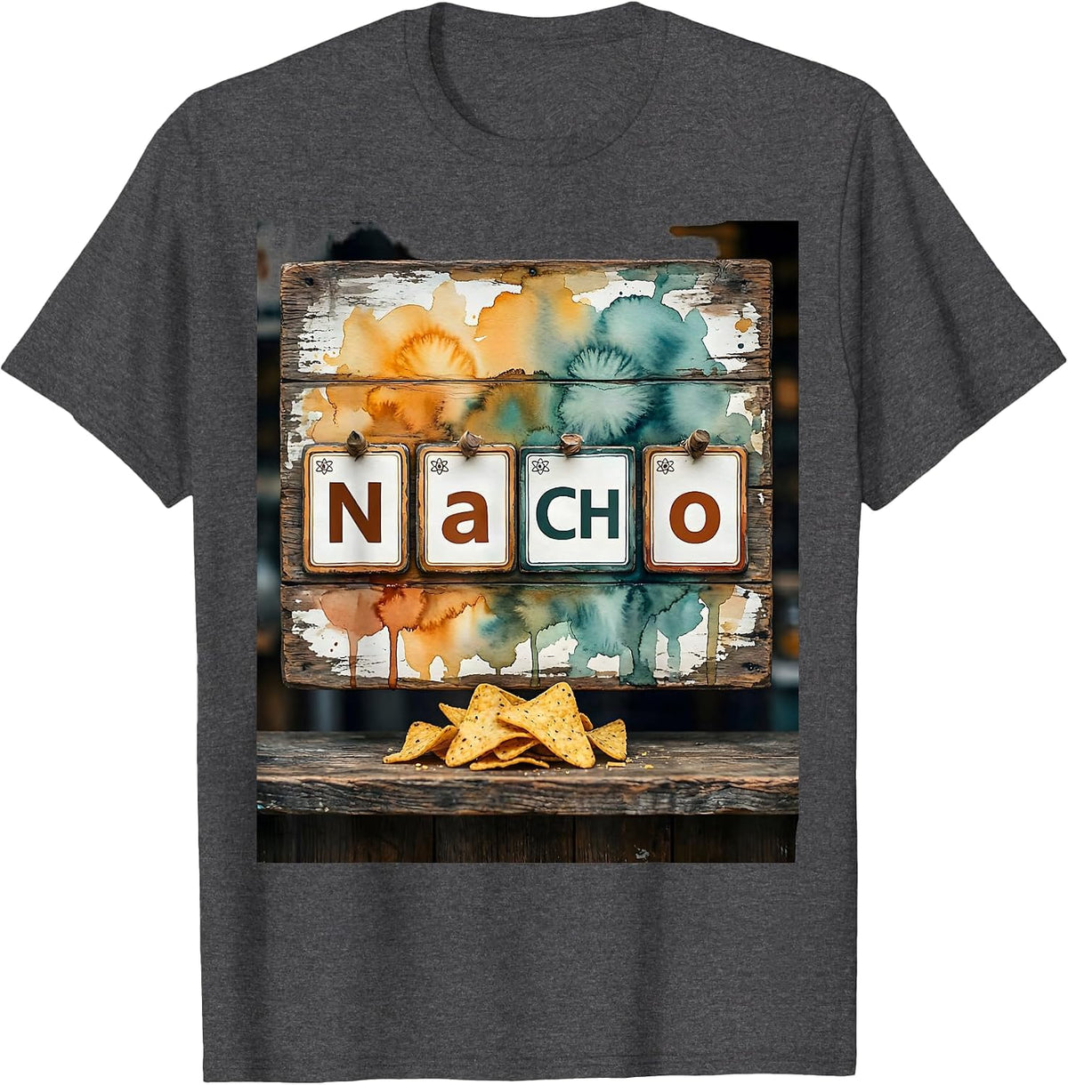 NaCHo Weathered Wooden Signboard Chemistry Pun Science T-Shirt - Dark Heather Grey