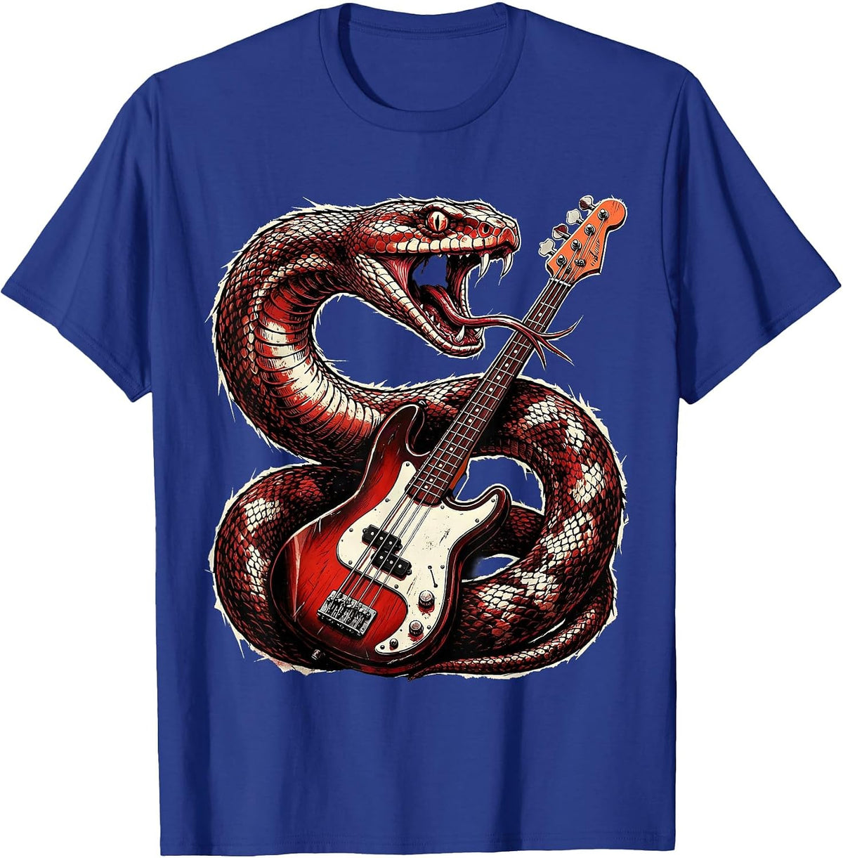 Men's Serpent Coiled Bass Guitar Rock Music Graphic T-Shirt - Royal Blue