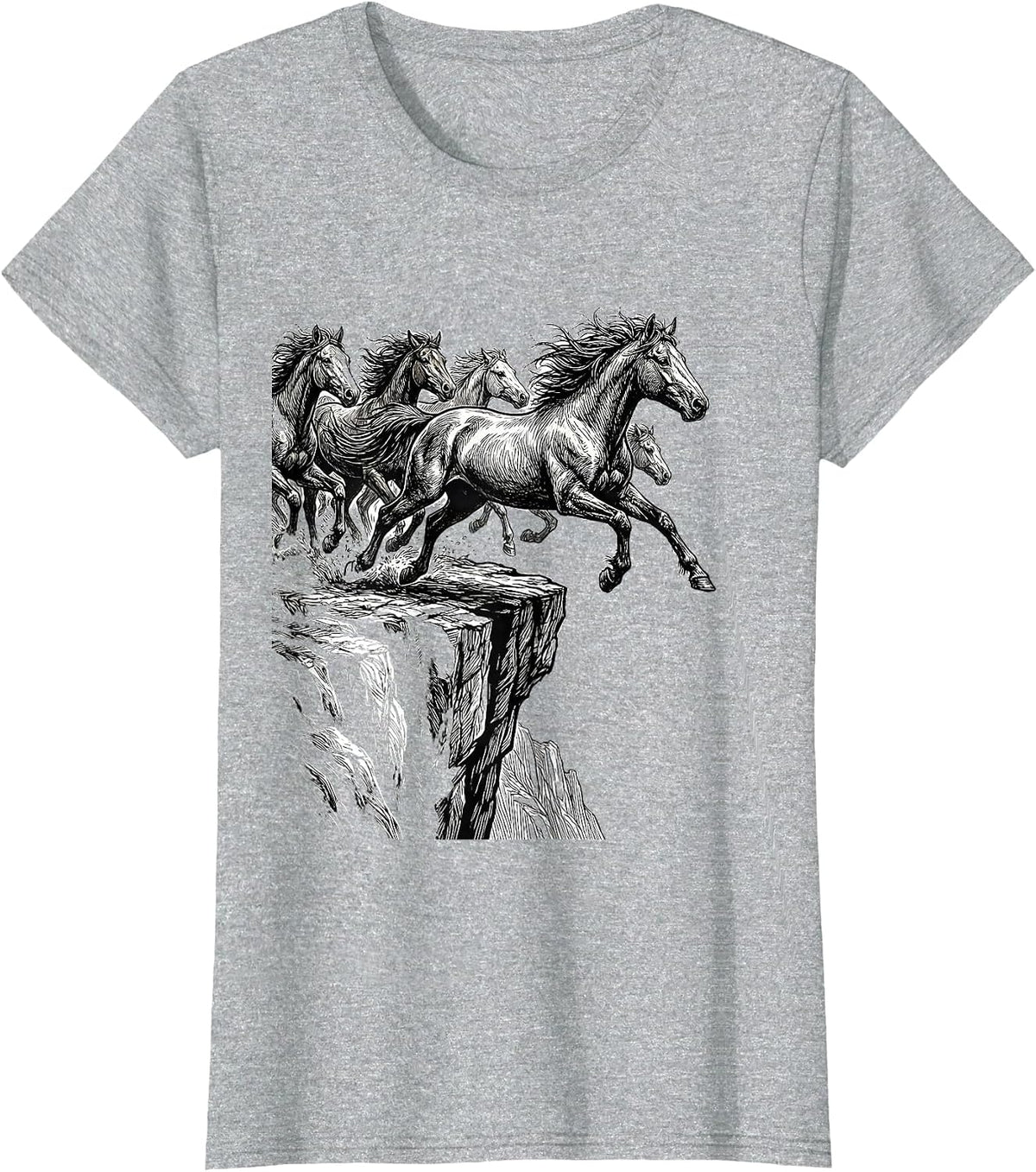 Wild Horses Running Off Cliff Edge Graphic T-Shirt - Heather Grey