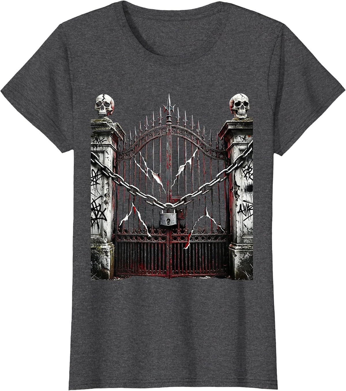 Women's Emo Cemetery Gate Wrapped in Chains Graphic T-Shirt - Dark Heather Grey