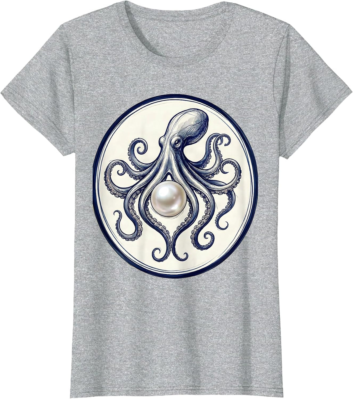 Octopus Cradling a Pearl Lustrous Ocean Art T-Shirt - Heather Grey