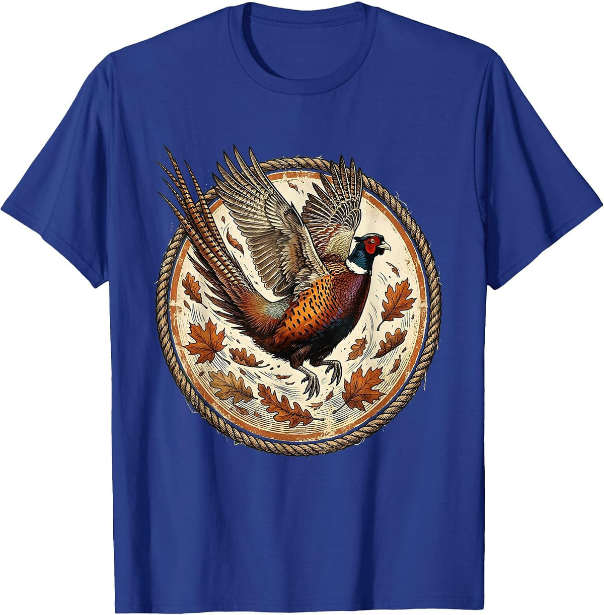 Pheasant Flush Autumn Leaves Wildlife Illustration T-Shirt - Royal Blue
