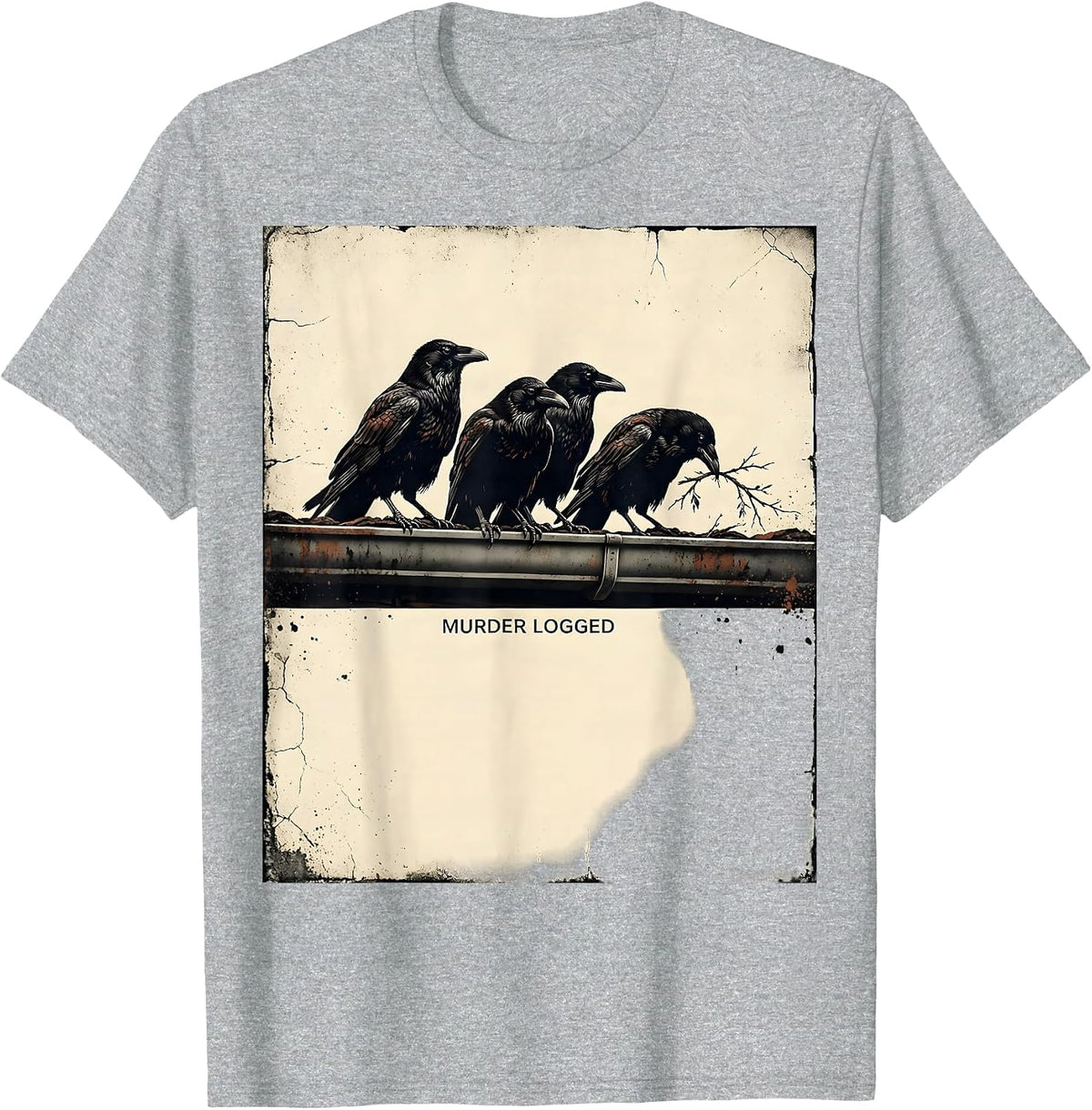 Men's Murder Logged Distressed Crow Gothic Bird Lover Dark Humor T-Shirt - Heather Grey