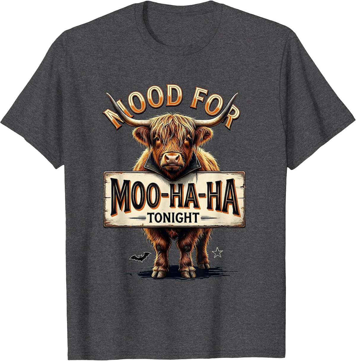 Men's Mood For Moo-Ha-Ha Tonight Funny Highland Cow Halloween T-Shirt - Dark Heather Grey
