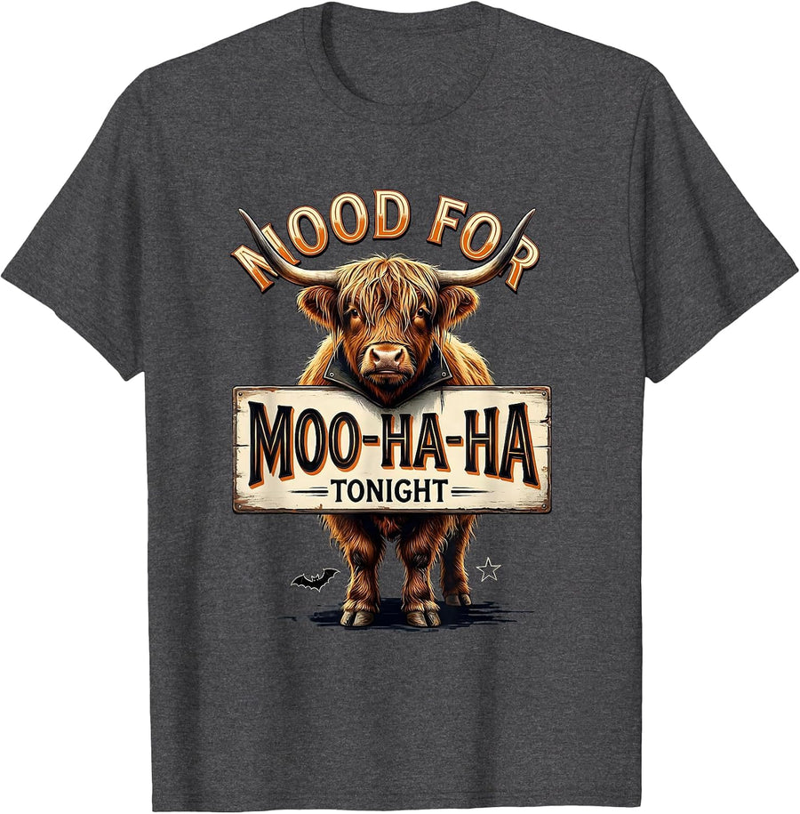 Men's Mood For Moo-Ha-Ha Tonight Funny Highland Cow Halloween T-Shirt - Dark Heather Grey