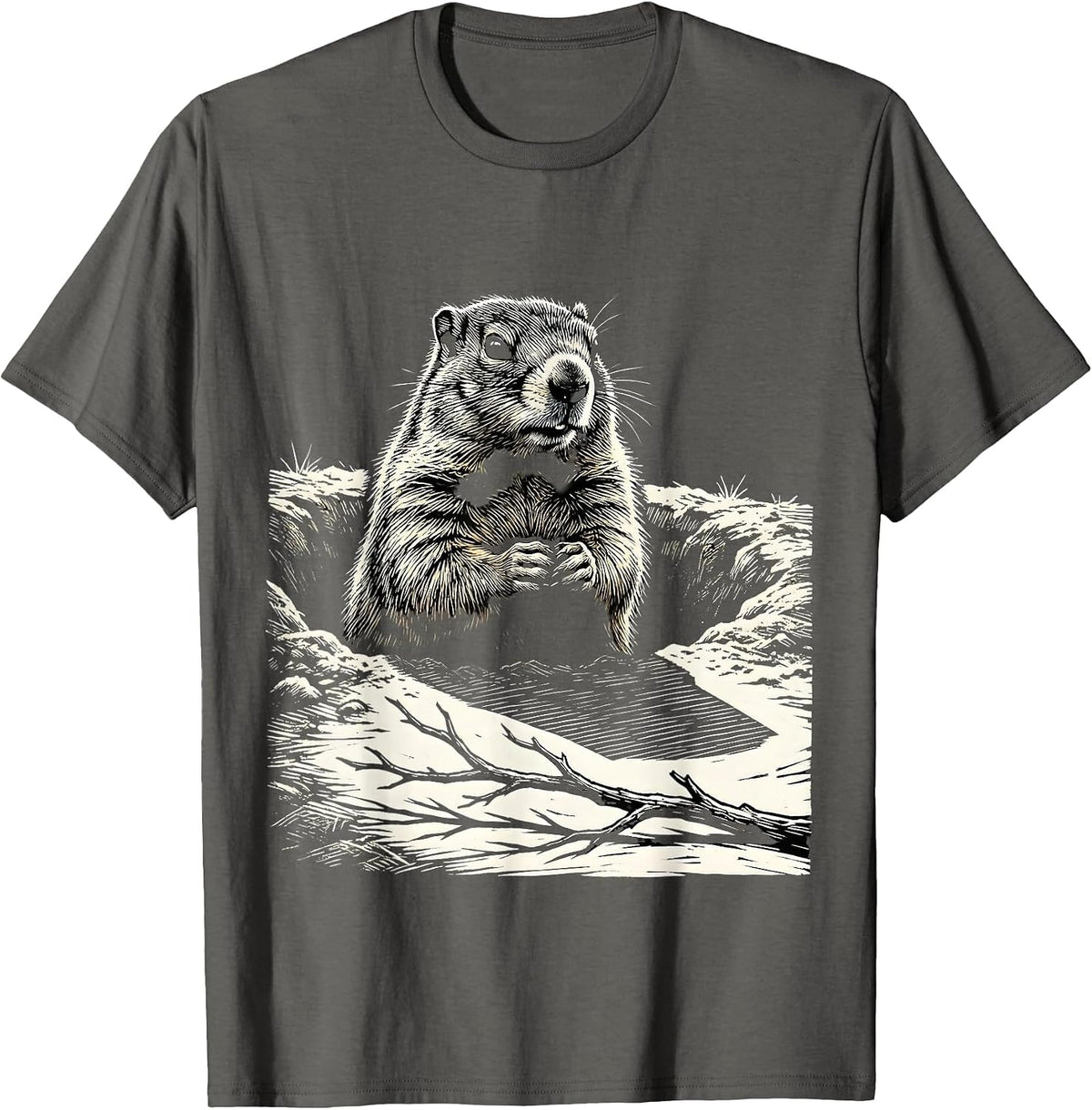 Groundhog Burrow Woodcut Funny Animal Humor T-Shirt - Asphalt Grey
