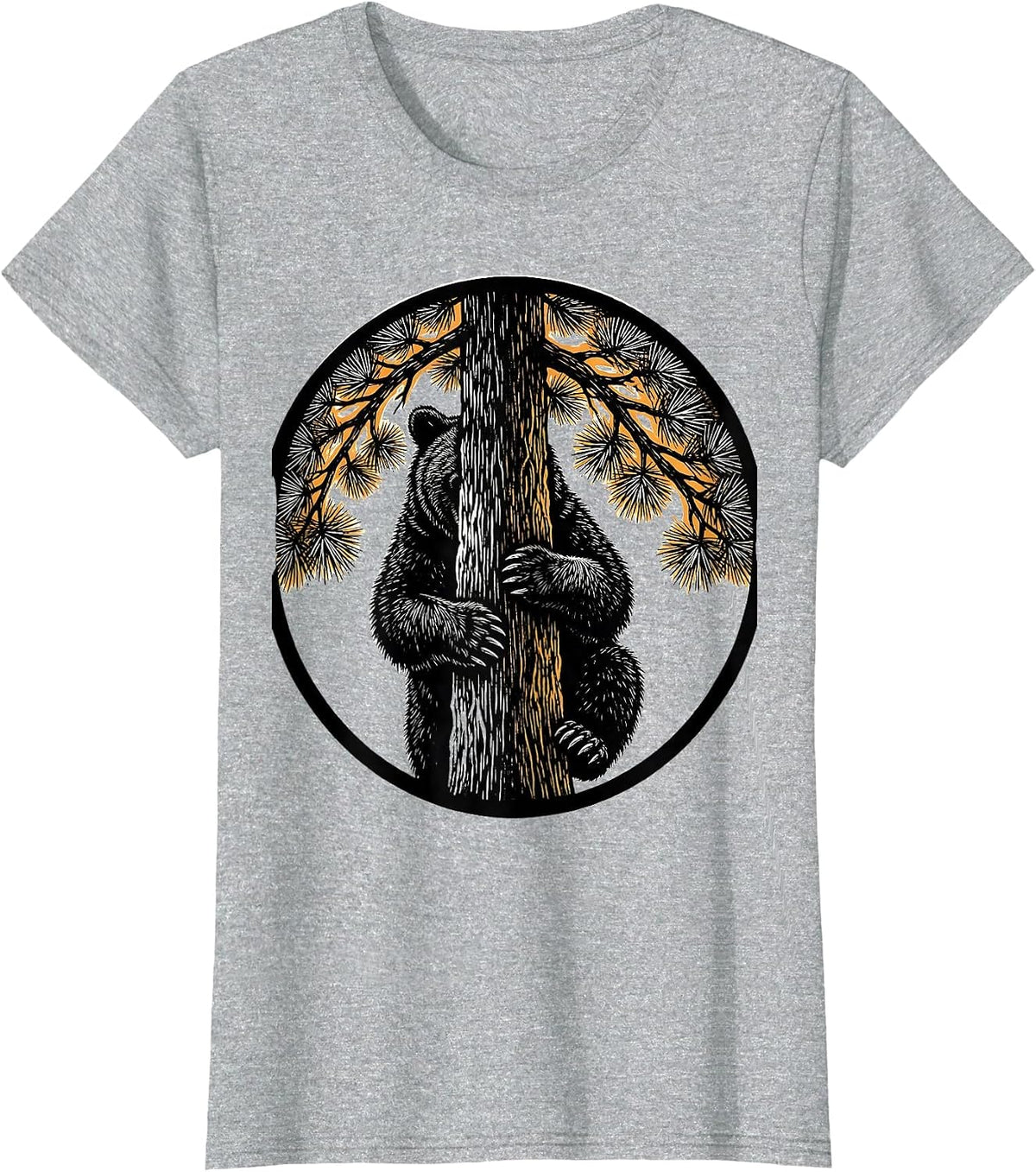 Bear Cub Climbing Pine Tree Nature Illustration T-Shirt - Heather Grey