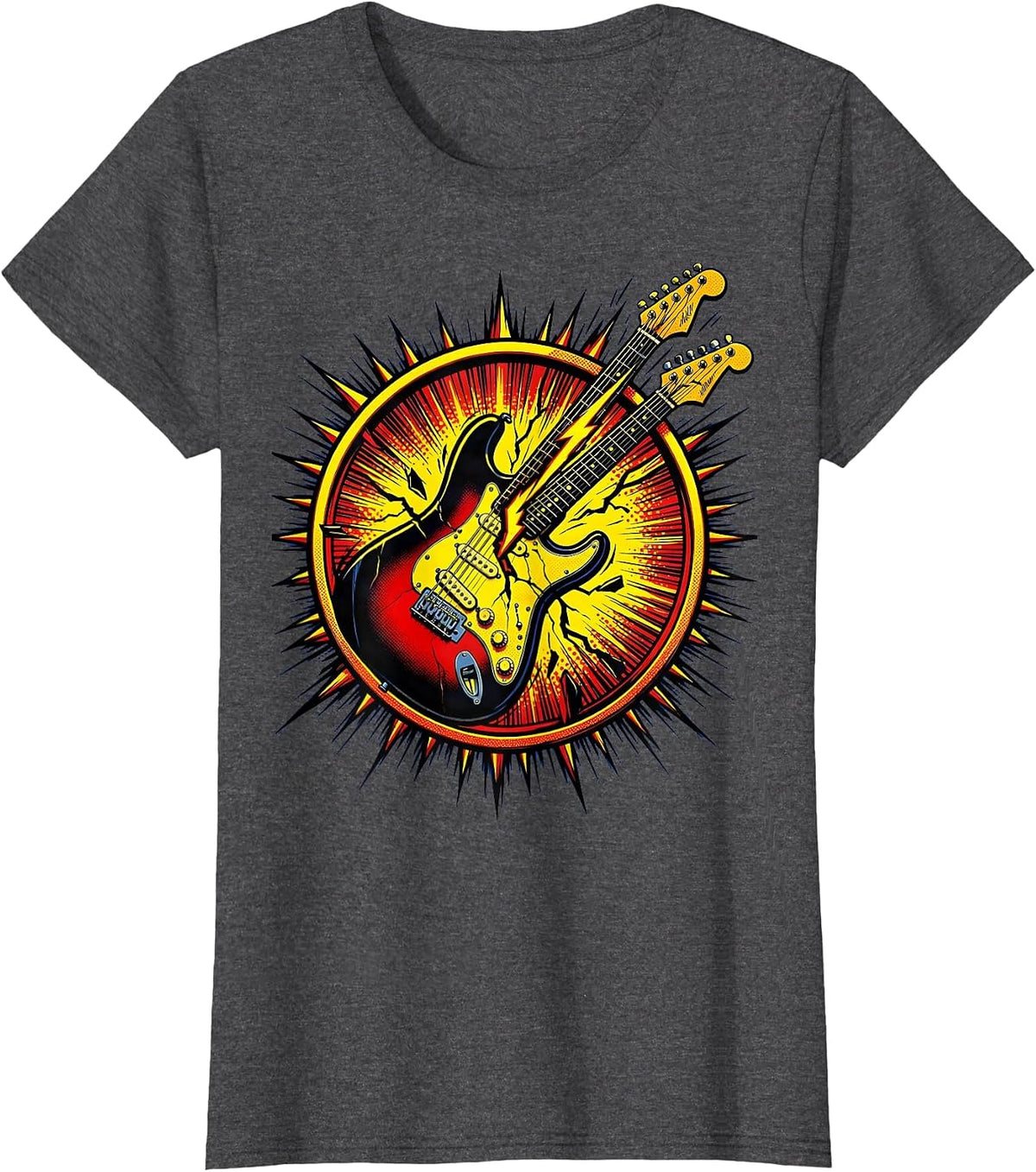 Women's Electric Guitar Lightning Bolt Split 80s Rock Art T-Shirt - Dark Heather Grey