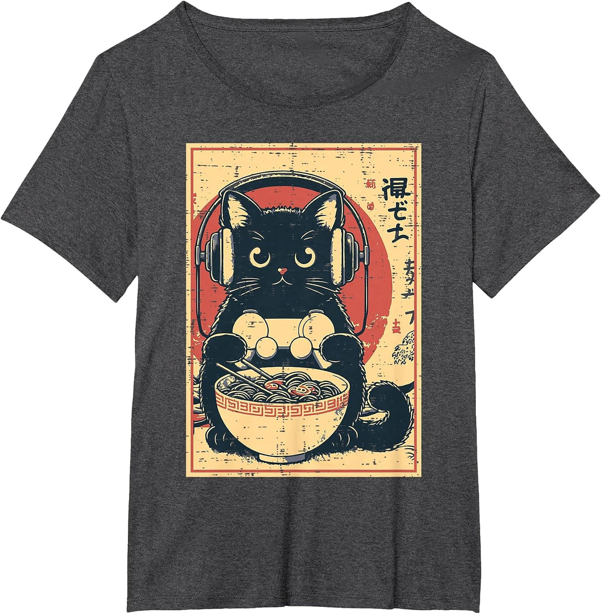 Japanese Cat Gamer Controller Ramen Gaming Art Men Boys Kids T-Shirt - Dark Heather Grey