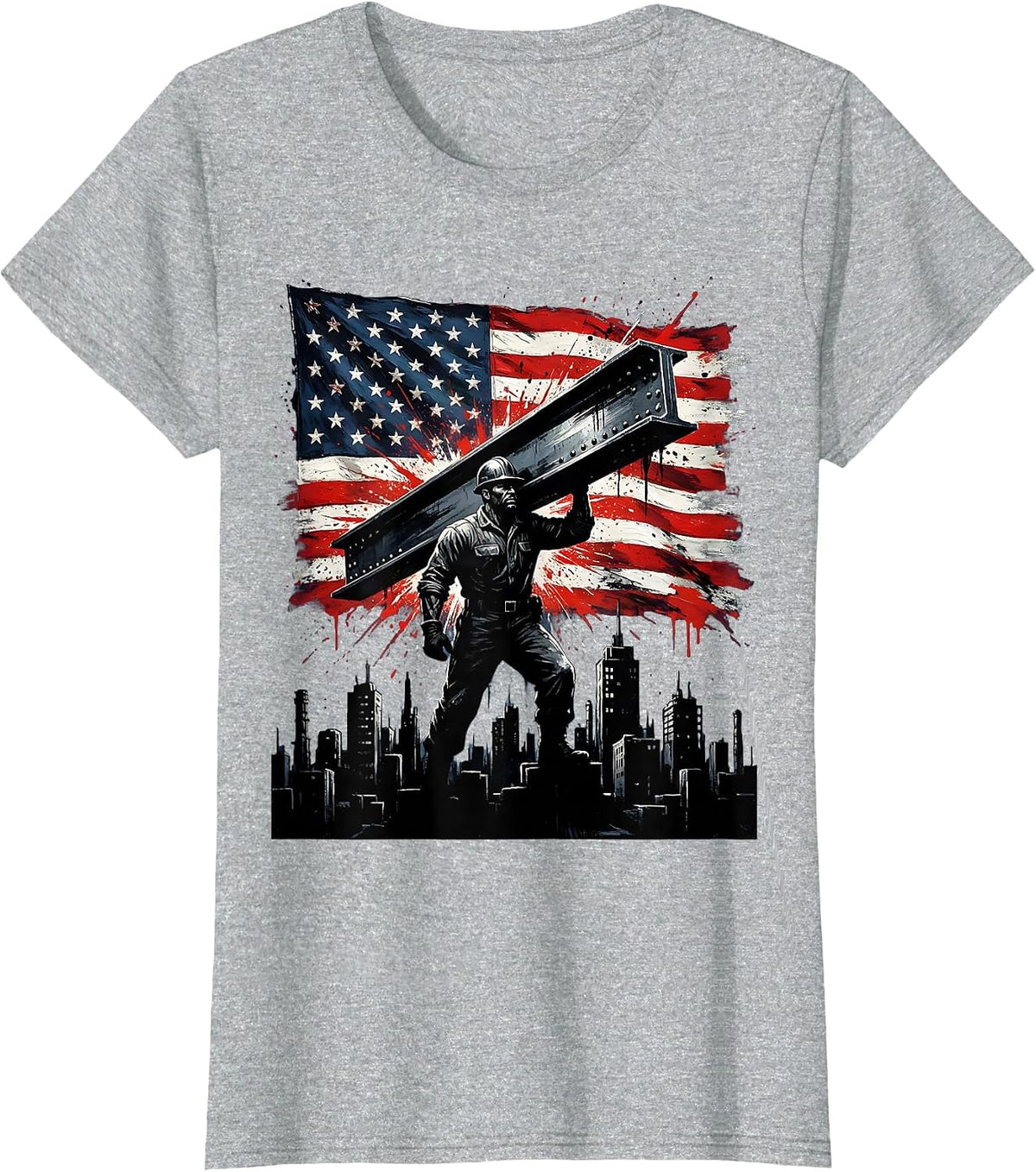 Steelworker Over City Skyline America First Tee T-Shirt - Heather Grey