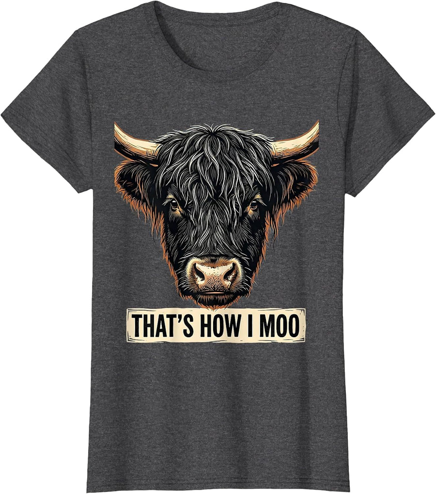 Women's That's How I Moo Funny Highland Cow Linocut Floral Humor T-Shirt - Dark Heather Grey